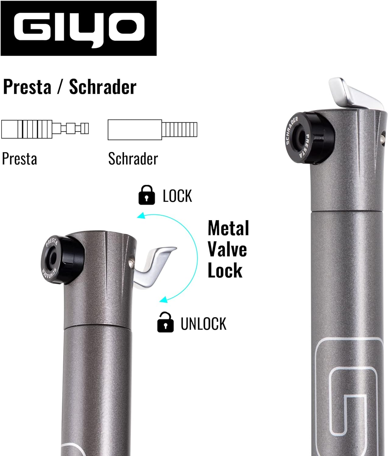 GIYO Small Bike Tire Pump Schrader & Presta Valve for MTB 80 PSI Telescopic Barrel All Metal CNC Portable Mini Bike Pump Secure Valve Lock for Easy Pumping | Taiwan Made GM043 image number 3