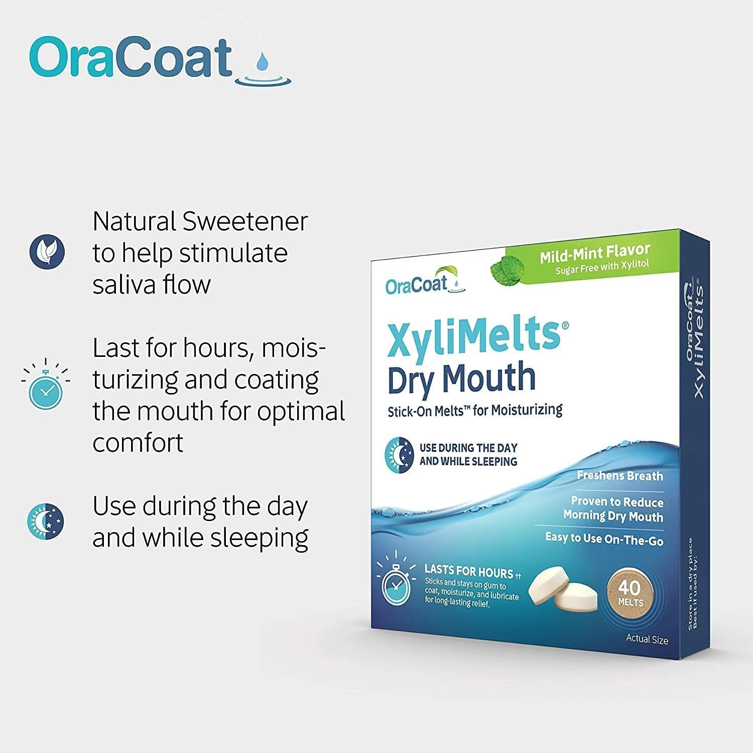 Oracoat Xylimelts Dry Mouth Relief Discs &ndash;Mild Mint with Xylitol &ndash;Oral Adhering Discs for Day & Night Use &ndash; ARTG Listed &ndash; Non-Acidic, Time-Release Formula, 3 Packs (120) image number 4