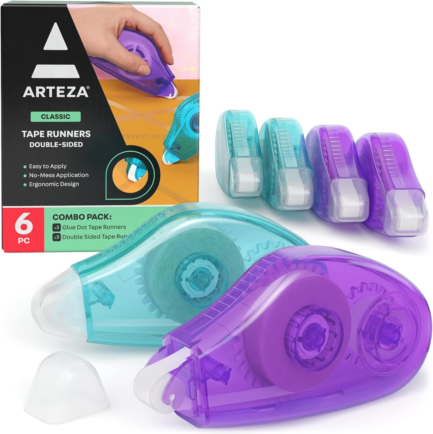 Arteza Double-Sided Tape Runner, Pack of 6, 0.31 Inches X 22 Feet, 3 Glue-Dot and 3 Smooth Adhesive Tape Runners, Craft Supplies for Scrapbooking, Gift Wrapping, and Paper Art image number 4
