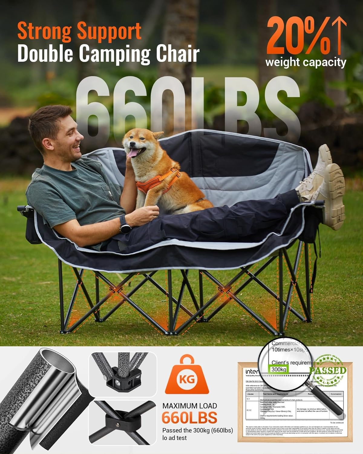Double Camping Chair, Oversized Heavy Duty Loveseat for Adults Portable Folding XL 2 Person Couch Padded Comfortable Two Seat with Cup Holder for Outdoor Lawn Backyard XL 2 Person Black/Grey image number 5