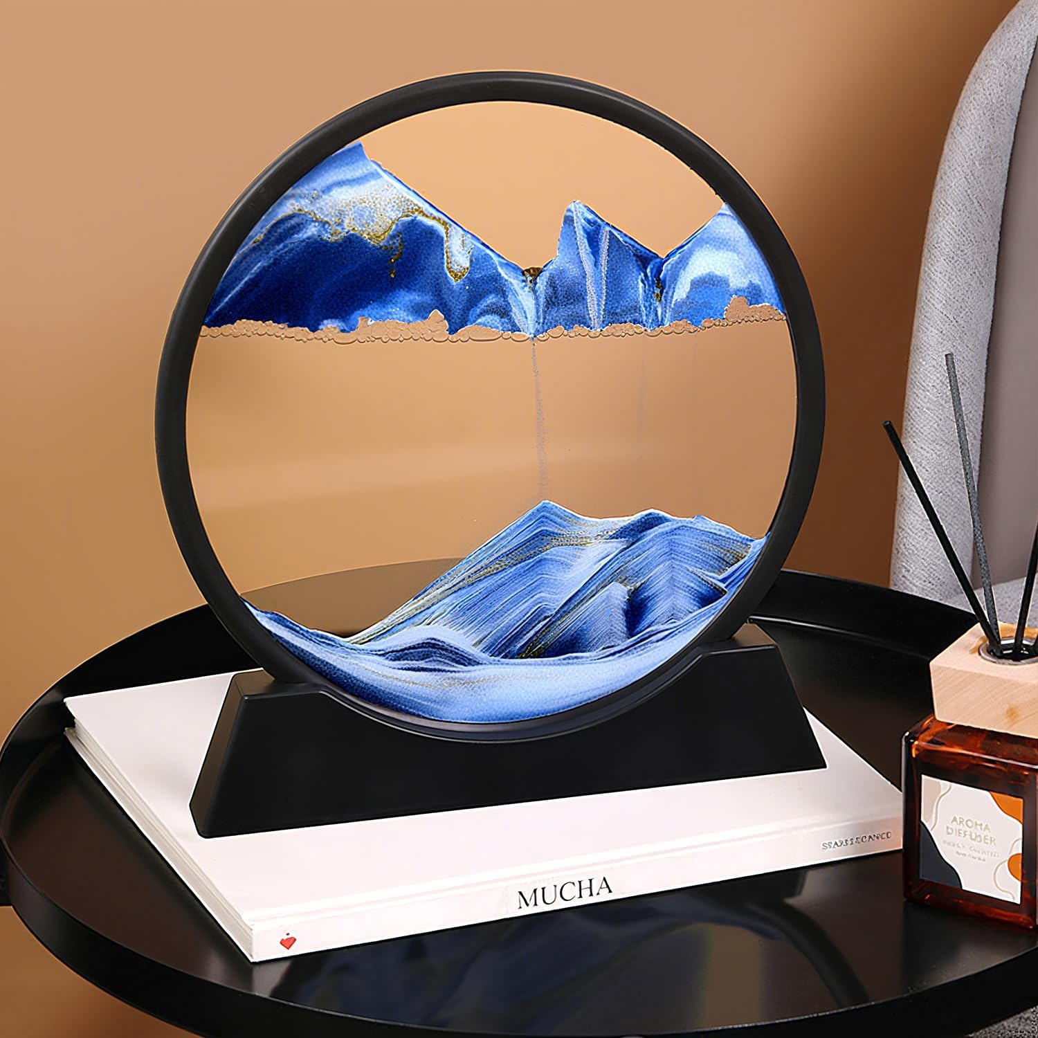 Moving Sand Art Picture in Motion round Glass 3D Deep Sea Landscape, Dynamic Sand Sandscapes, Sensory Relaxing Desktop Table Decor Desk Decor Art Desk (Bule) image number 2