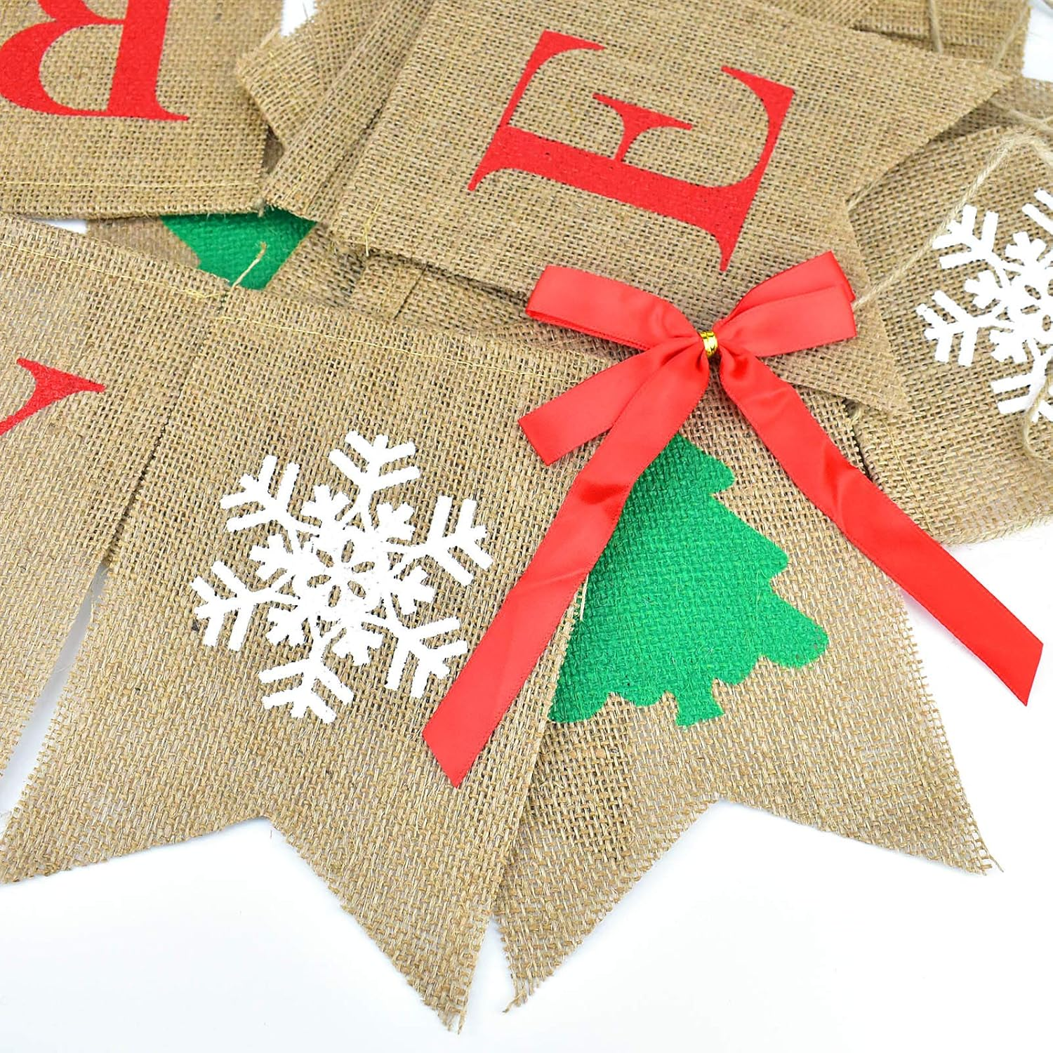 PACETAP Merry Christmas Burlap Banner with 4 Red Bows, Home Indoor Christmas Decorations for Fireplace, Chimney, Wall, Tree