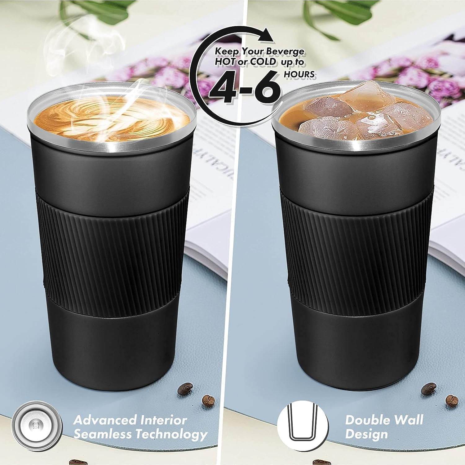 Travel Mug Reusable Coffee Cups 510Ml/17Oz Insulated Mug Thermal Tumbler to Go with Lid Leak Proof Thermal Insulated Vacuum Insulation Stainless Steel Bottle for Hot Cold Drinks (Black) - Green image number 4