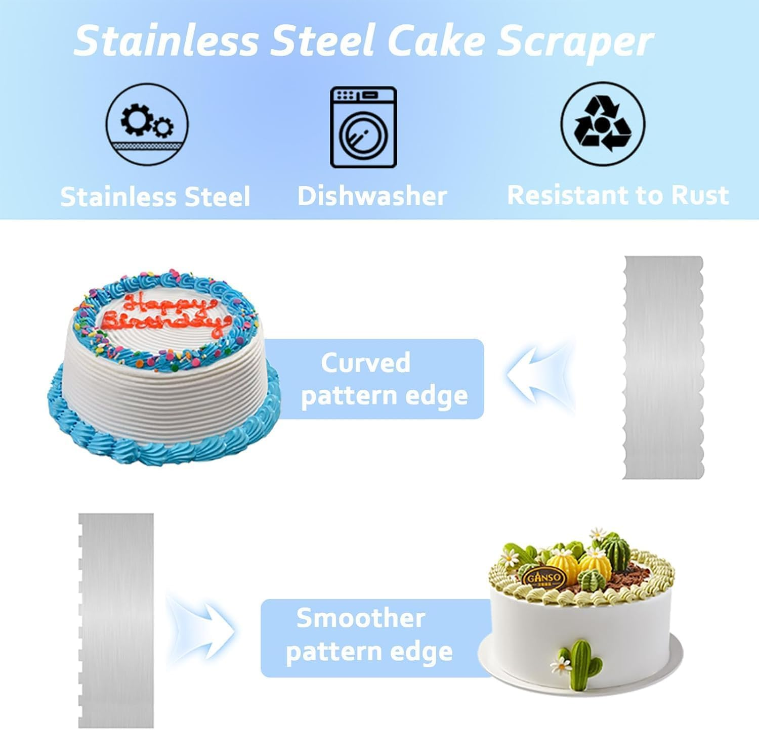 2 Pieces Stainless Steel Cake Scraper with Double-Sided Patterned Edge and Stripe Design ， Perfect Smoother and Decorating Comb for Mousse, Buttercream, and Cream Cake Decoration (Silver) image number 5