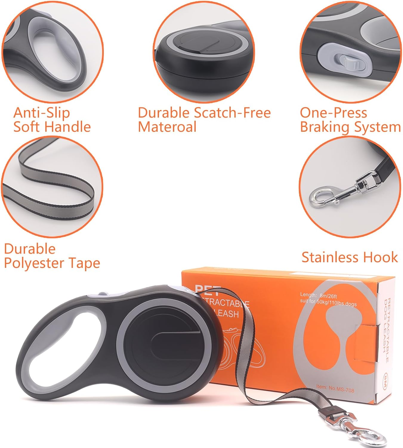 8 Meter Retractable Dog Leash, Heavy Duty for Dogs up to 50Kg, Strong Nylon Tape, Tangle Free image number 5