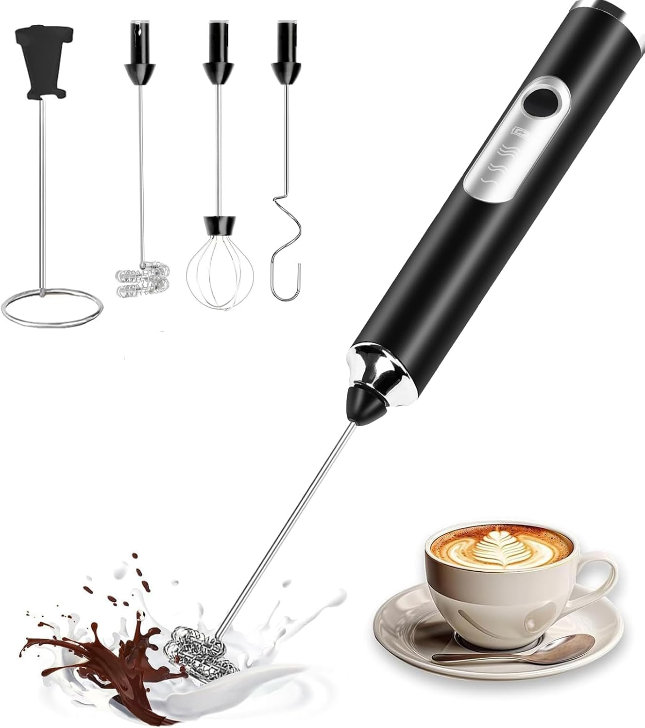 Milk Frother Handheld Rechargeable with Stand, Multi-Function Coffee Frother with 3 Stainless Steel Whisks 3 Speeds,Whisk Foam Maker for Coffee, Lattes, Cappuccino, Matcha, Hot Chocolate & Creamer