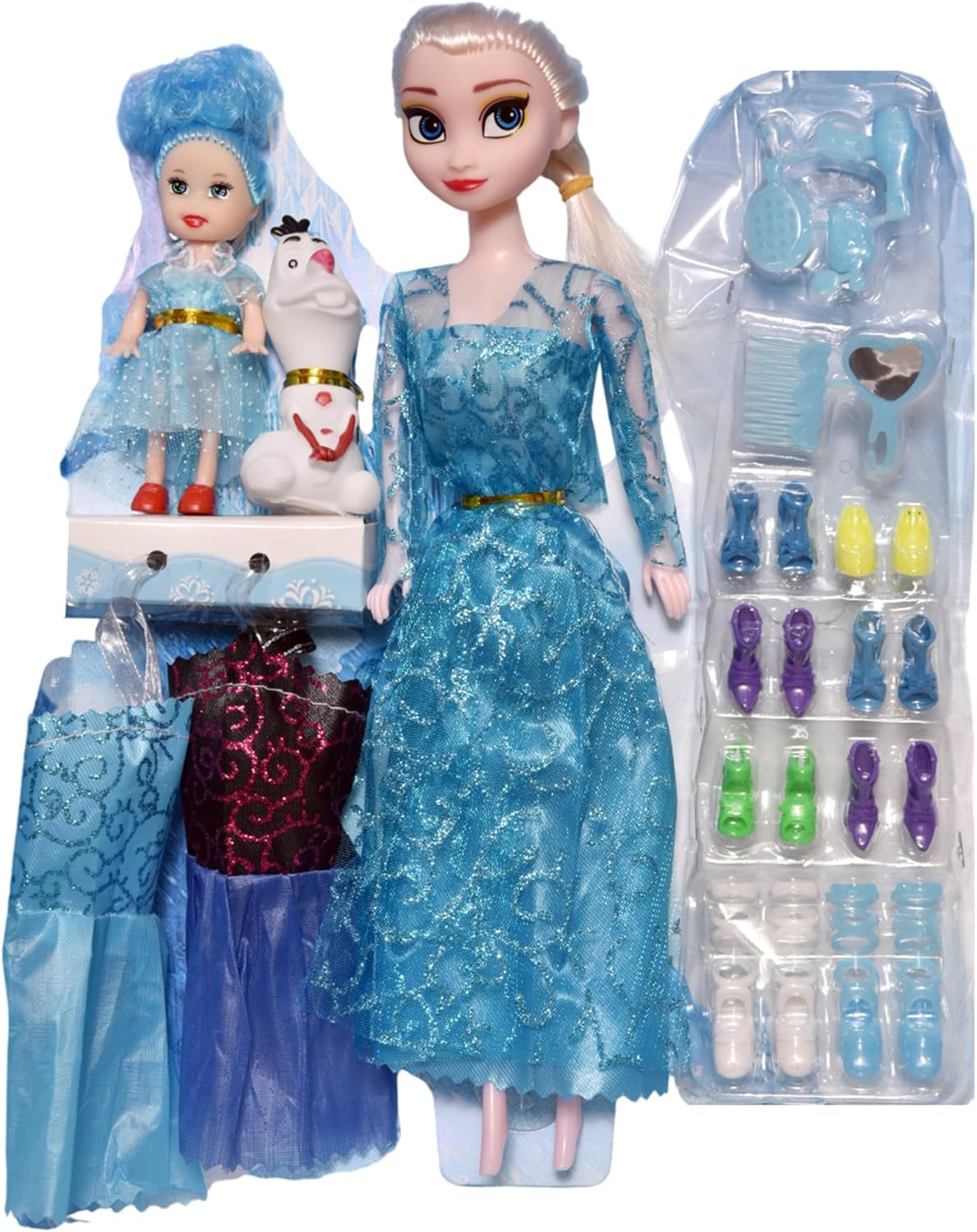 FUNFY FYDFZ001 11" Ice Princess Doll Set | Includes Two Additional Small Dolls | Blue | Material: Plastic | Array of Accessories Including Dresses, Shoes, Comb and Mirror for Extended Play | for Girls