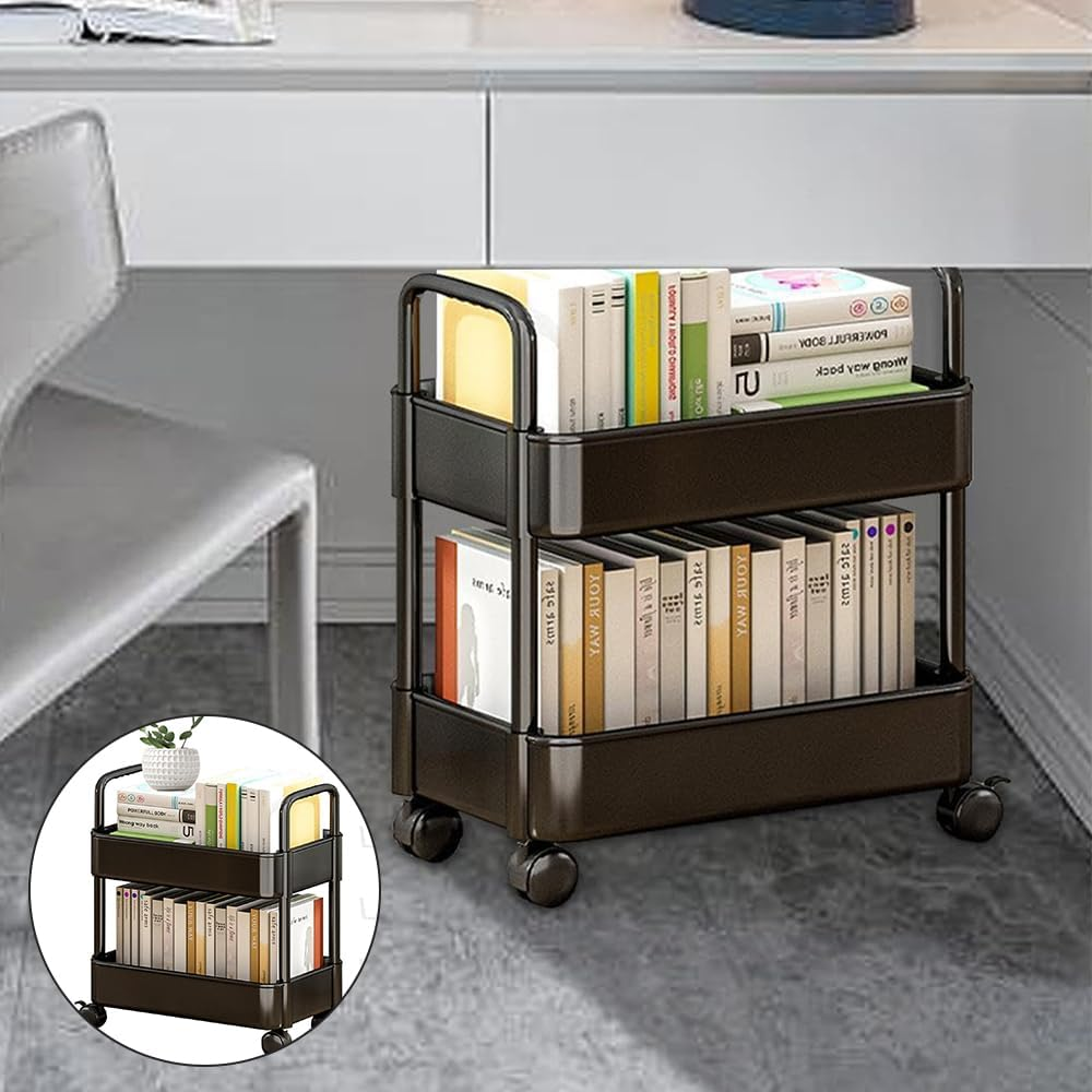 Storage Rolling Cart, 2Tier Snack Organiser Trolley, Rolling Shelf with Wheels & Hooks,Movable Storage Organizer for Home Kitchen Organization (Black image number 5