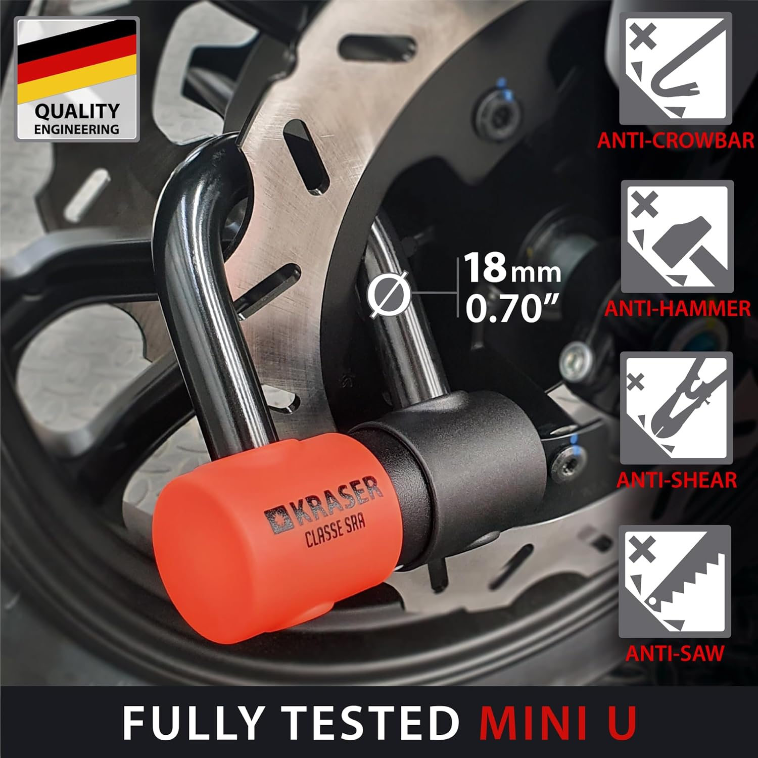 KRASER KR50120L Motorcycle Chain Lock Mini U Approved Padlock Massive Steel Heavy Duty &Oslash;0.53In, 3.9Ft Long, Loop Ring, Textile Cover, High Security Anti-Theft, Garage Anchor, Scooter Electric Bicycle image number 4