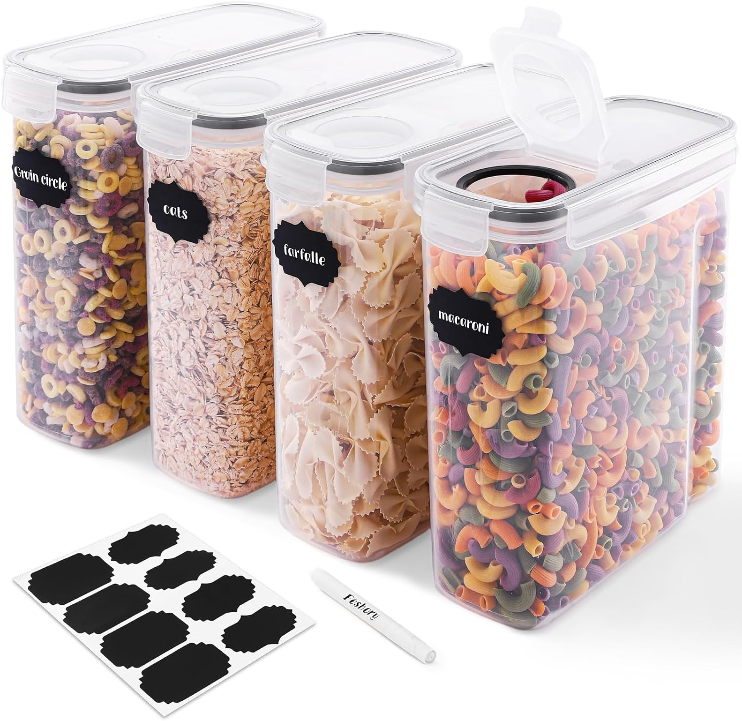 Feshory 4 Pack Cereal Containers Storage (4L/135.2Oz) - Airtight Food Storage Containers, Cereal Dispenser for Pantry & Kitchen Storage Organisation with 8 Labels and Marker (4 X 4L) image number 3