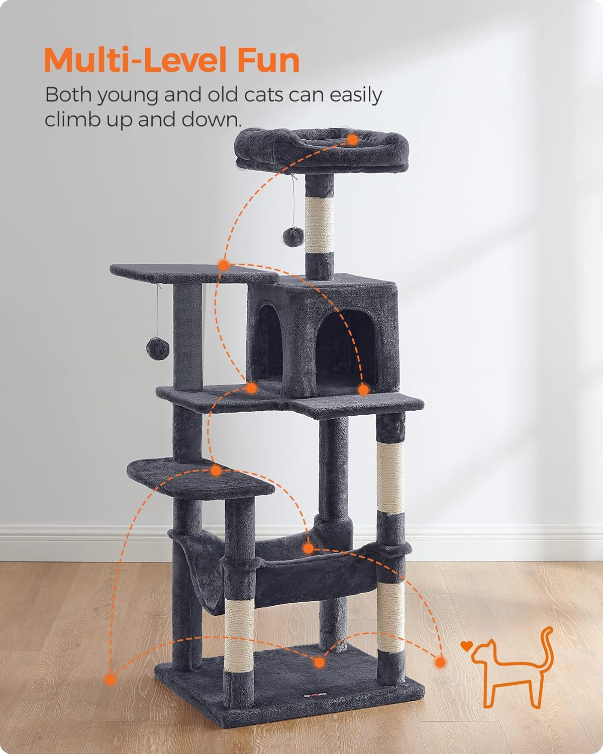 FEANDREA Cat Tree, Cat Tower, Cat Condo with Scratching Posts, Hammock, Plush Perch, Cat Activity Center, Smoky Gray UPCT161G01 image number 3