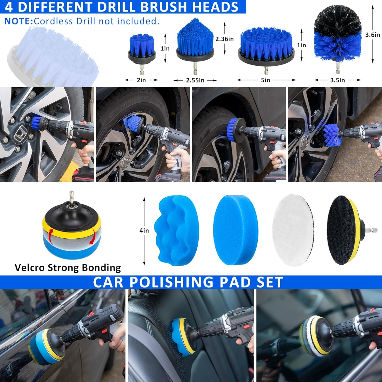 AUTODECO 37Pcs Car Detailing Brush Set, Car Detailing Kit, Auto Detailing Drill Brush Set, Car Detailing Brushes, Car Wash Cleaning Tools Kit with Car Vacuum for Interior, Exterior, Wheels, Blue image number 7