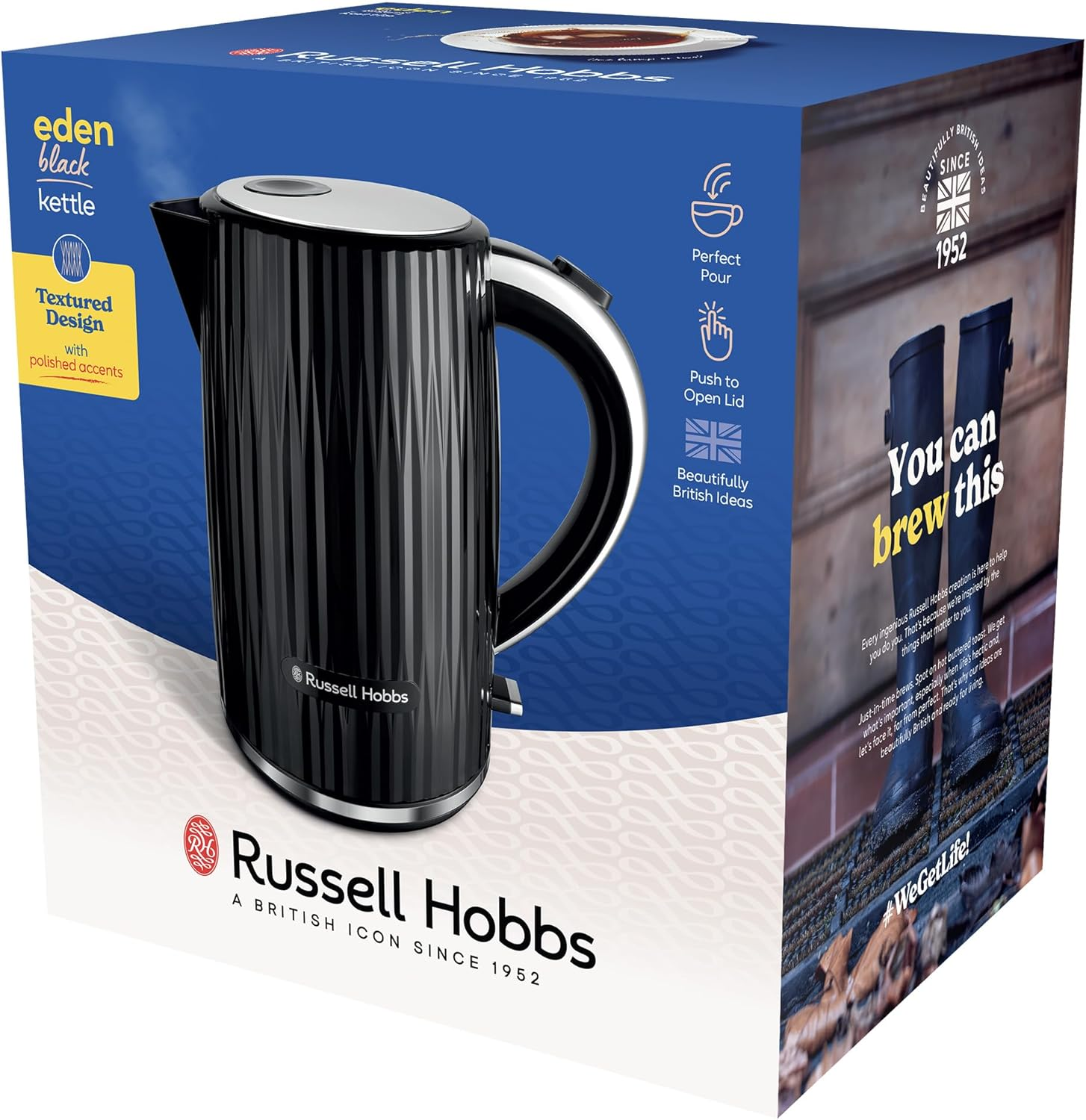 Russell Hobbs Eden Kettle, RHK2736BLK, Textured Design, Push to Open Lid, 360&deg; Base & Cord Storage, Water Window with Gauge, 1.7L Capacity, Black image number 1