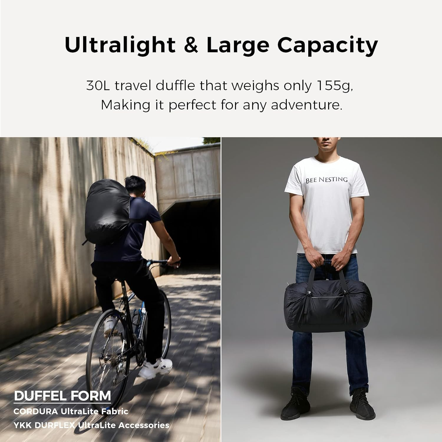 Bee Nesting Ultralight Travel Duffle Bag Foldable Travel Bag YKK Zipper 30D Cordura Waterproof Nylon Fabric Weekender Bag Overnight Bag for Travel, Gym, Sports (Black, 30L) image number 1