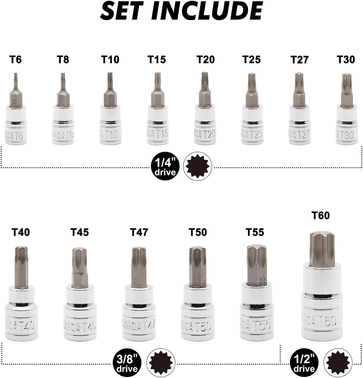 CASOMAN 14-Piece 1/4-Inch, 3/8-Inch & 1/2-Inch Drive Torx Bit Socket Set, T6-T60, Torque Bit Set, Torx Socket Set, CR-V & S2 image number 1