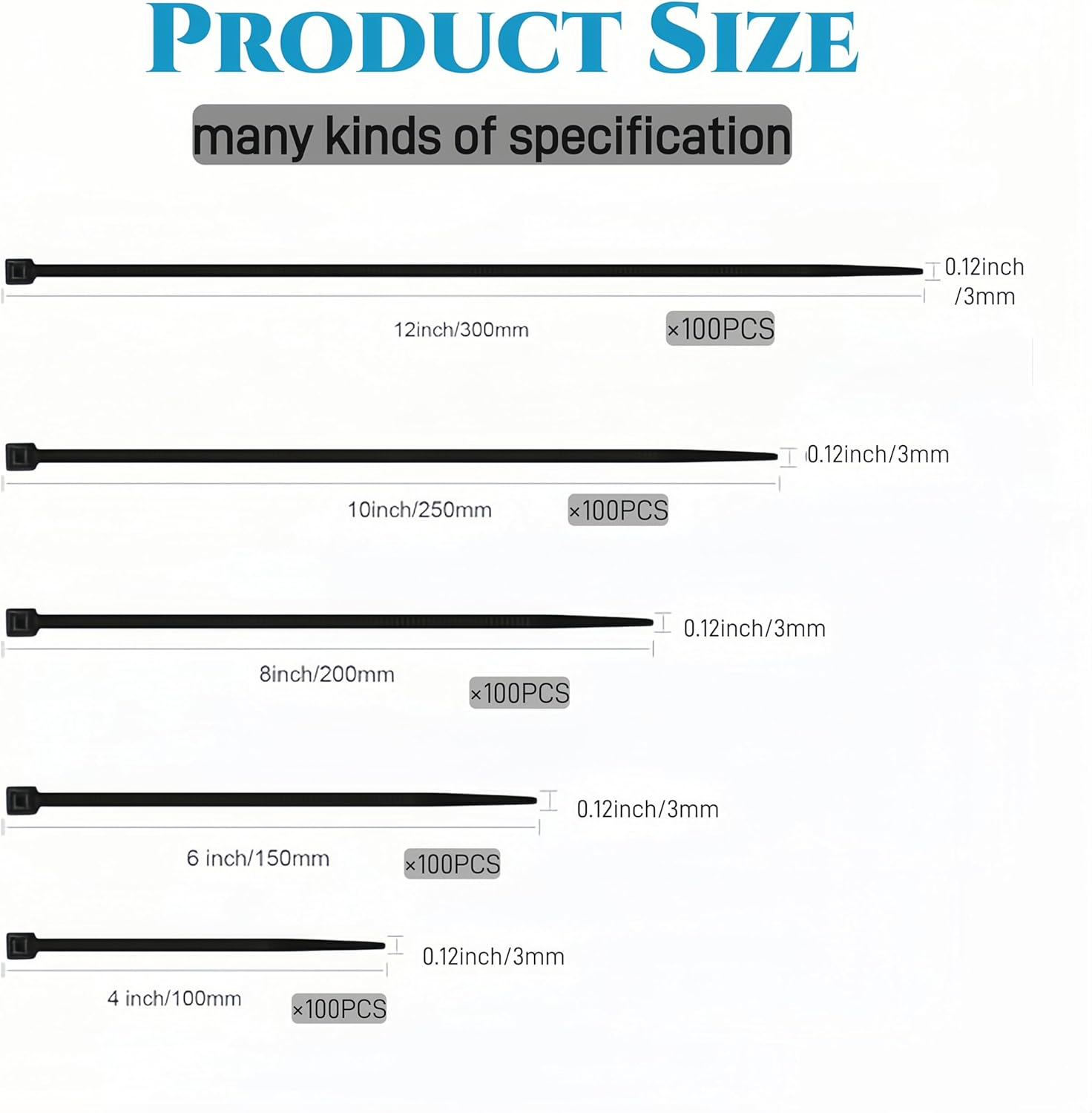 Self-Locking Nylon Cable Ties, 500 Pieces Cable Zippers, Multi-Size Zipper Ties (4"+6"+8"+10"+12"), Multi-Purpose Cable Ties, Black Wire Ties, Cable Cable Management, Indoor and Outdoor Applicable image number 6