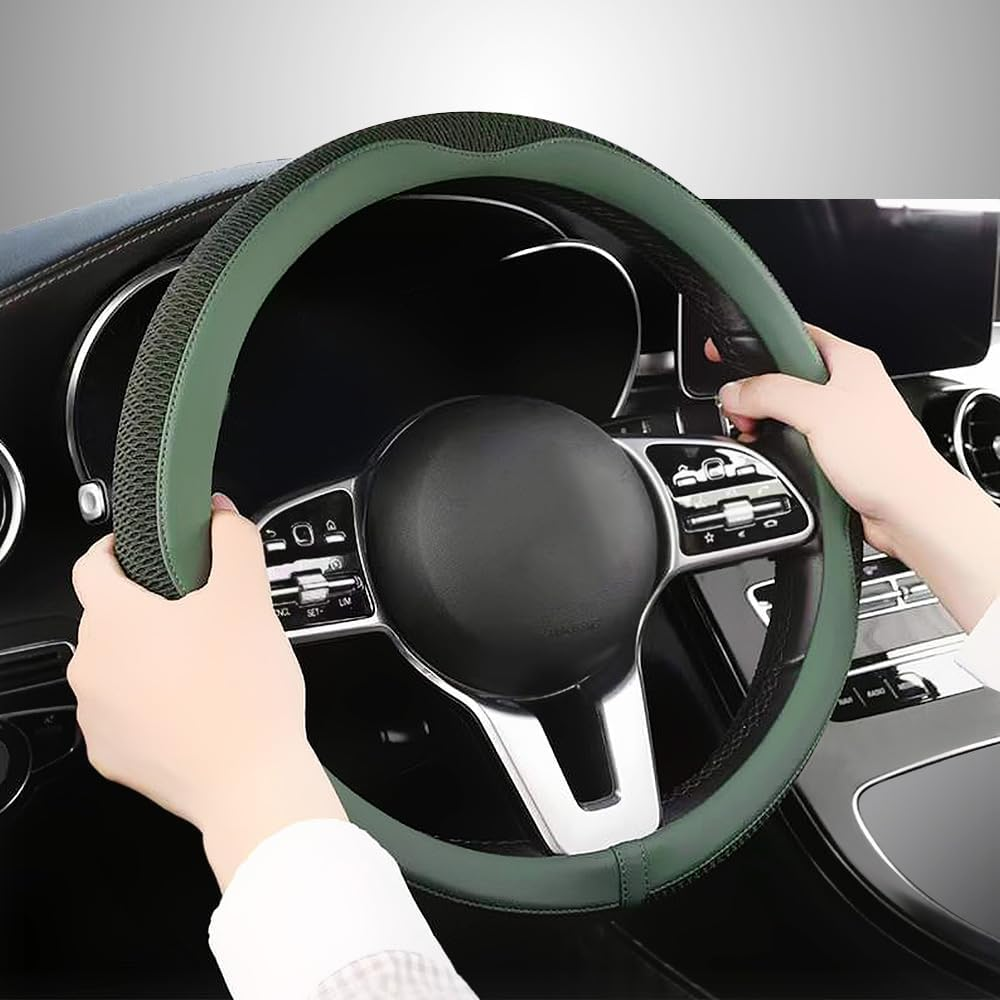 Steering Wheel Cover, Universal 15 Inch, the Latest Microfiber Leather Breathable Technology Fabric, Non-Slip, Comfortable, Warm in Winter and Cool in Summer, Green image number 3