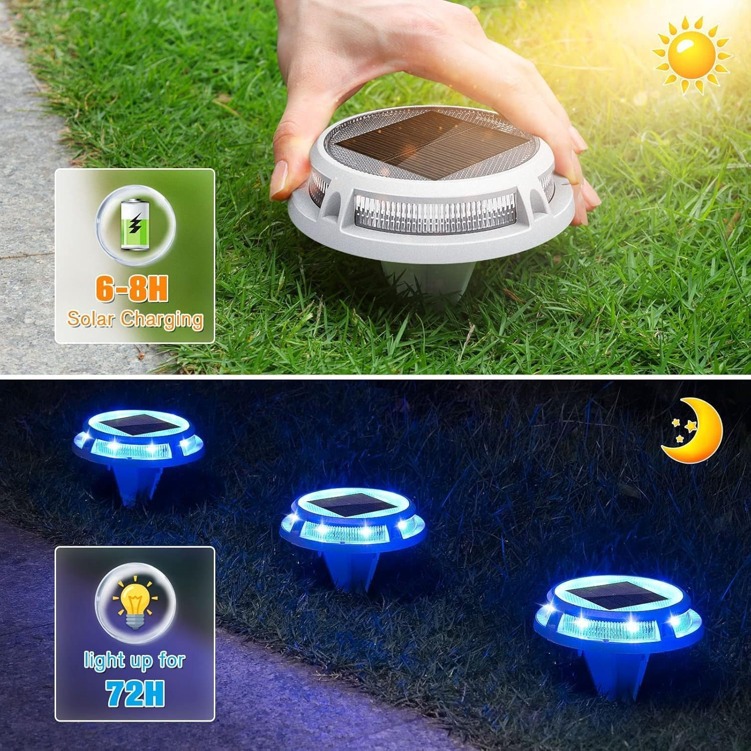 2 Pack Solar Deck Lights | Solar Driveway Lights with 2 Color Modes, IP68 Waterproof, Outdoor LED Dock Marine Marker for Step, Sidewalk, Pathway, Patio image number 3