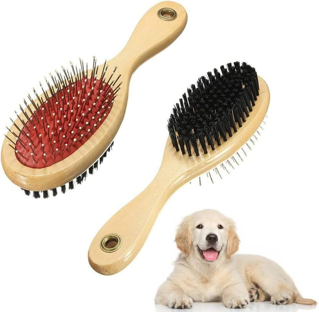 Wooden Double Sided Dog Brush - Pet Hair Grooming Tool with Pin and Soft Bristles for Dogs & Cats with Long or Short Hair - Red