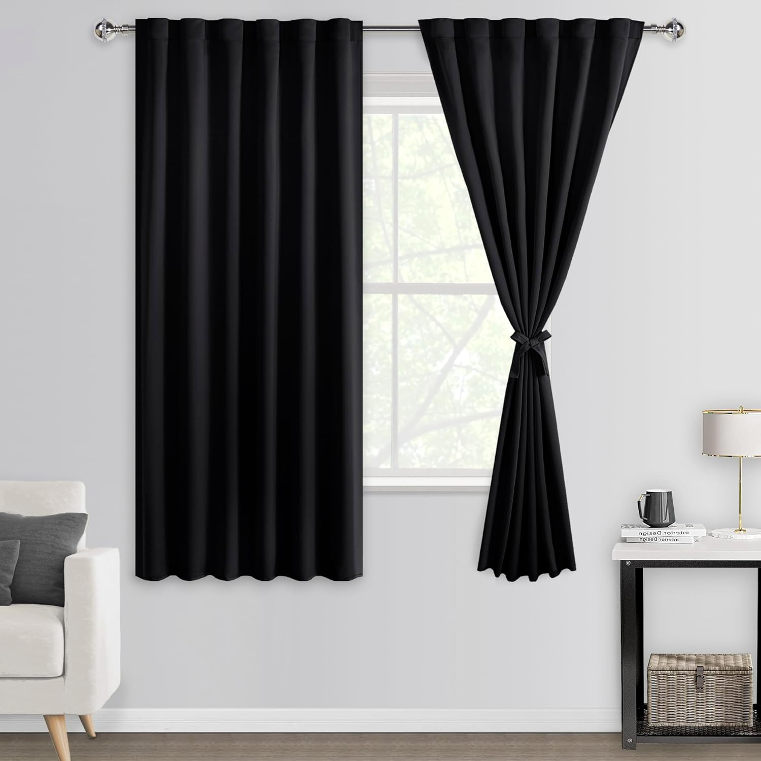 DWCN Blackout Curtains Back Tab and Rod Pocket Sewn with Tiebacks - Thermal Curtains Insulated Room Darkening for Bedroom,Each W132 Cm X D214Cm, Set of 2 Panels,Black