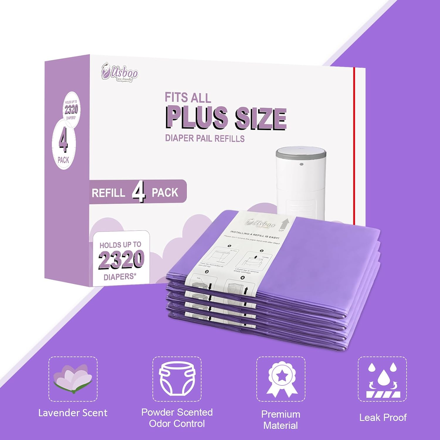 Refills Compatible with Dekor plus Diaper Pail,4 Pack Disposable Diaper Pail Refills, Easy to Replace and Dispose Diaper Trash Bags, Holds up to 2320 Diapers,Lavender Scent image number 4