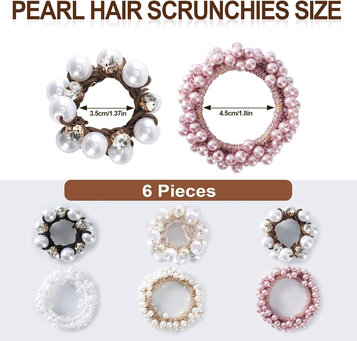 OT-NVWOZR Pack of 6 Women'S Hair Bobbles, Pearl Hair Accessories, Crystal Scrunchies, Elastic Ponytail Holder, Strong Hair Bands, Stretchy Headbands, Birthday for Women and Girls image number 3