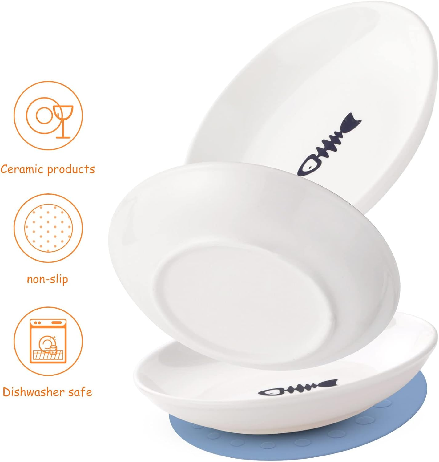 Dorakitten Ceramic Cat Food Plates for Wet Food, Wide Bowls to Stress Relief of Whisker Fatigue Cat Dishes, Shallow Bowls for Kittens and Small Animals with Non-Slip Mat - White image number 4