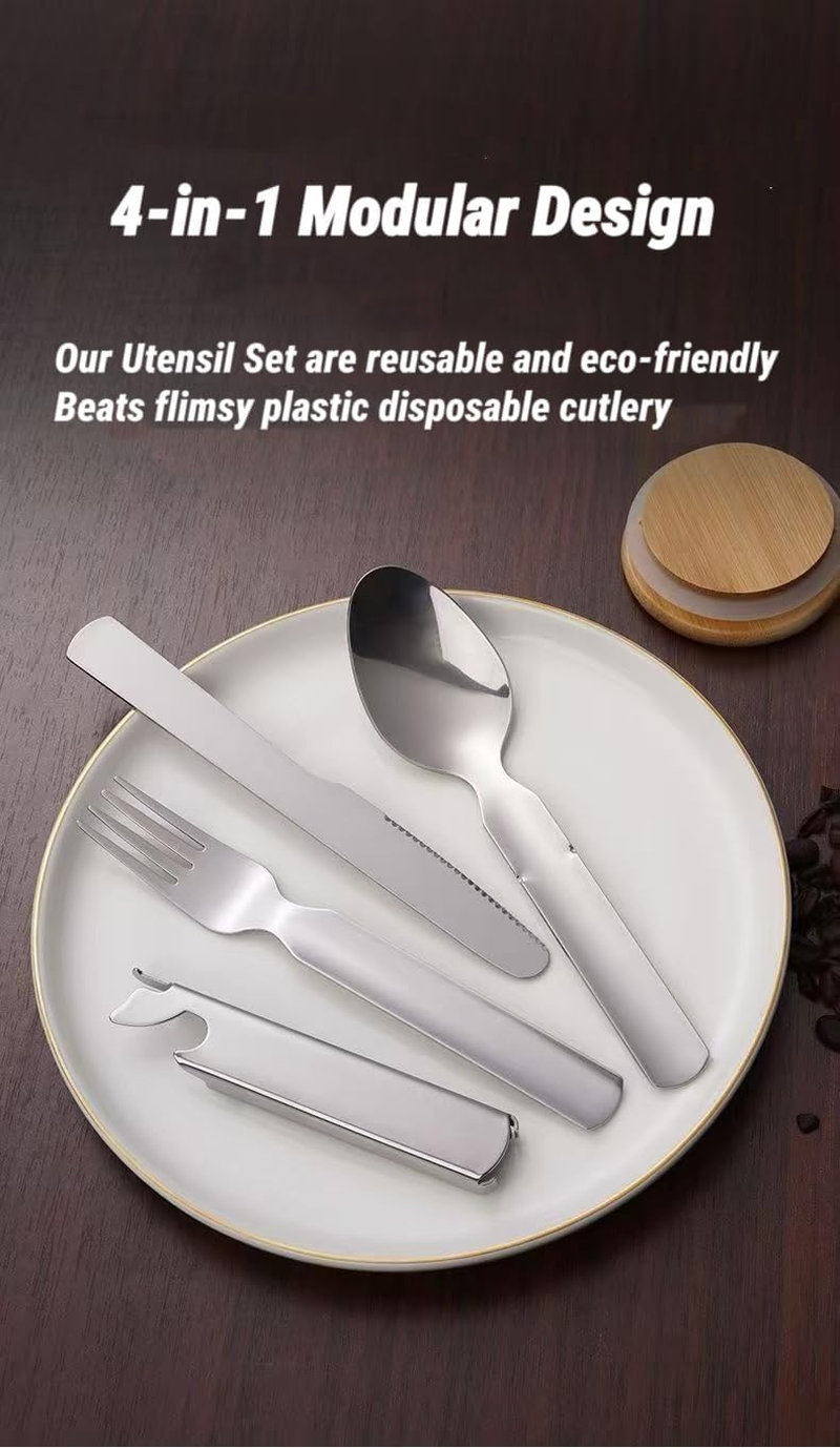 Mernard 4-In-1 Camping Utensil Set - Stainless Steel Camping Cutlery Set with Compact Knife Fork Spoon Bottle Opener for Hiking, Picnic, Travel Outdoor image number 5