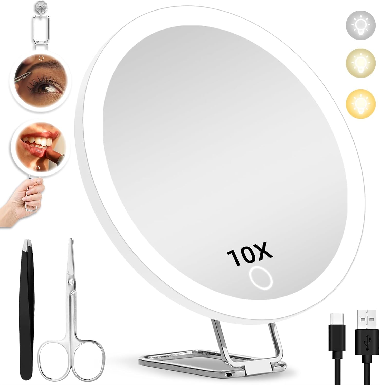 10X Magnifying Mirror with Lights, 6Inch Makeup Magnified Mirror 10X Lighted Travel Magnification with 3 Suction Cups and 360&deg; Adjustable Bracket - Includes Tweezers & Scissors