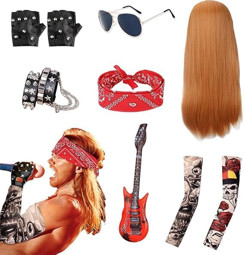 1980S Rockstar Hippie Costume Accessories - 60S 70S 80S Metal Rock Band Punk Costume Set with Wig, Bandana, Sunglasses,Tattoo Sleeves, Gloves, Wrist Chains, Guitar, Men Women Woodstock Outfits image number 3
