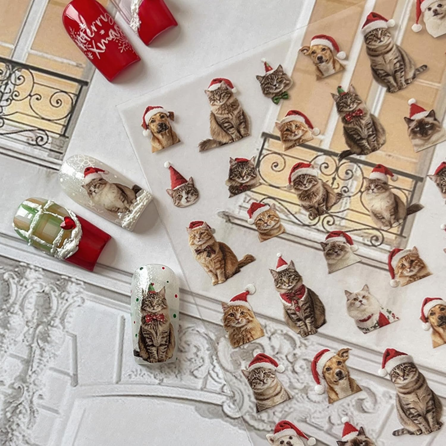 Christmas Theme Nail Art Stickers Decals, 3D Self-Adhesive Designer Nail Decals, Cute Kawaii Nail Adhesive Sticker Manicure Accessories for Women Girls DIY Nail Art Decorations (Dog Lovers/Cat Lovers) image number 1