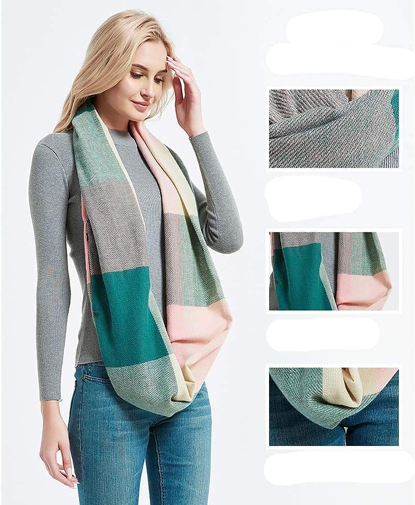 Women Plaid Infinity Scarf with Zipper Pocket Scarves Pockets-Secret Travel Scarfs for Girls Ladies