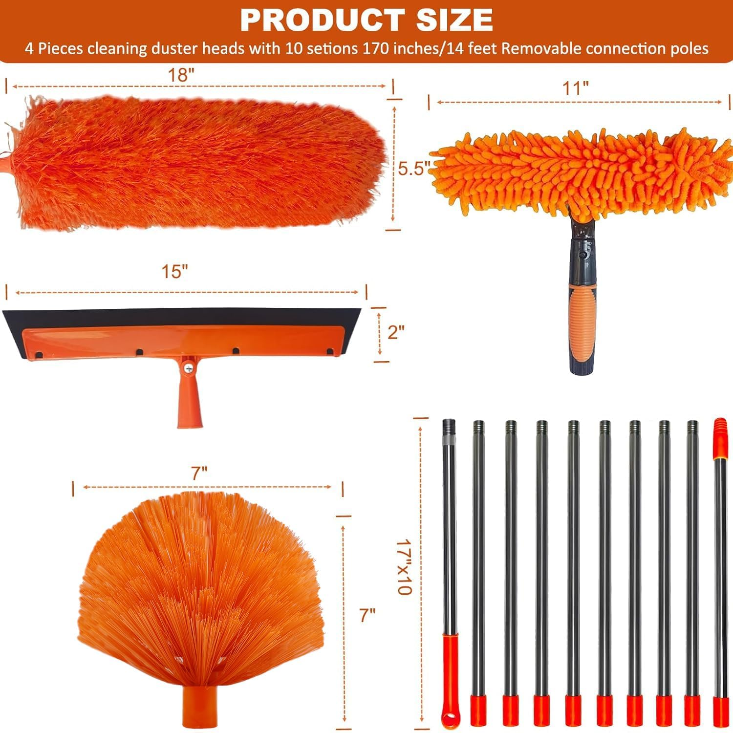 20+ Feet High Reach Duster Kit with 3-14 Ft Extension Pole // High Ceiling Dusting and Window Cleaning Kit with Spliceable Pole - Window Washer & Squeegee, Cobweb Duster, Fan Blade and Feather Dusters image number 4