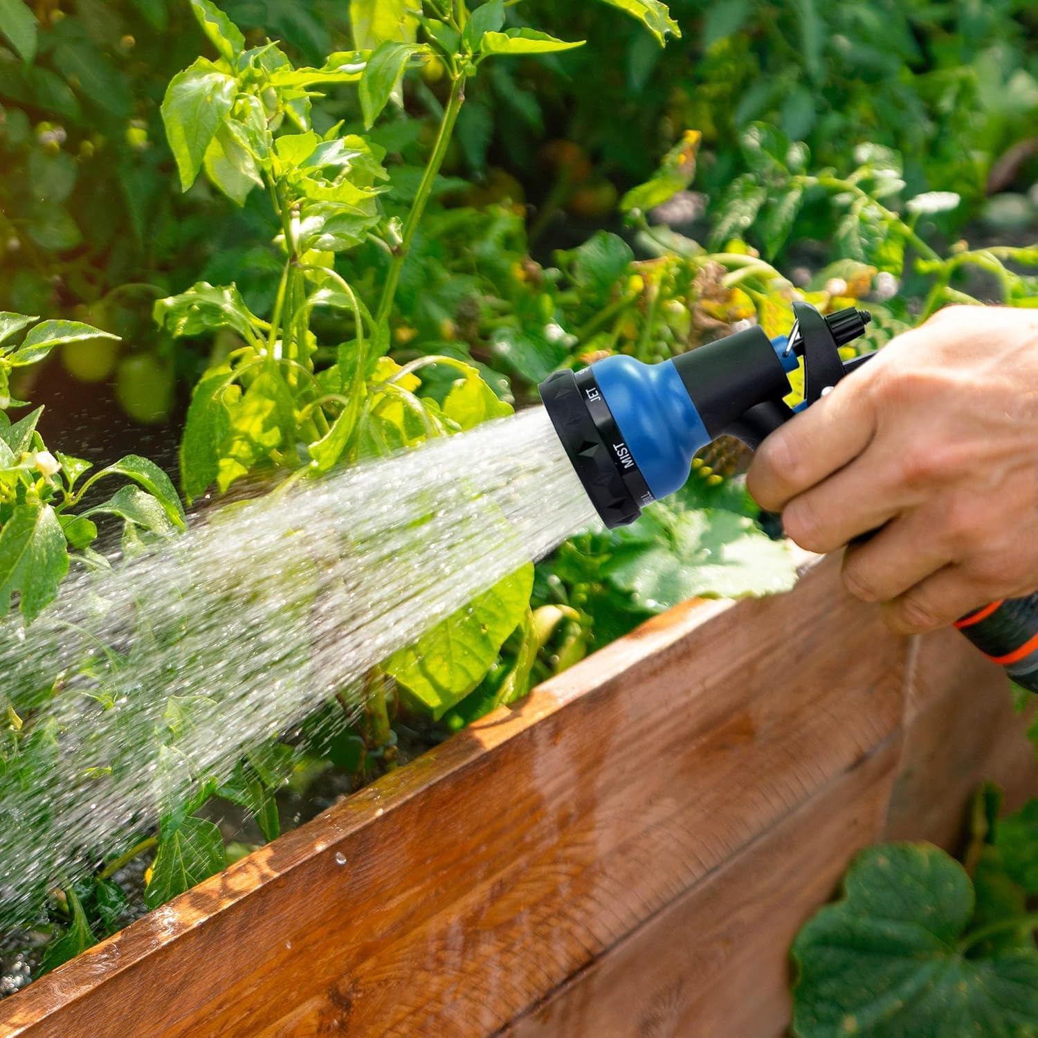 NEXCOVER Garden Hose Nozzle Sprayer - 7 Adjustable Watering Patterns for Water Hose, Non-Slip Spray for Car Washing, Watering Plants, Pets Showering, Lawns Cleaning, Blue - Orange image number 2