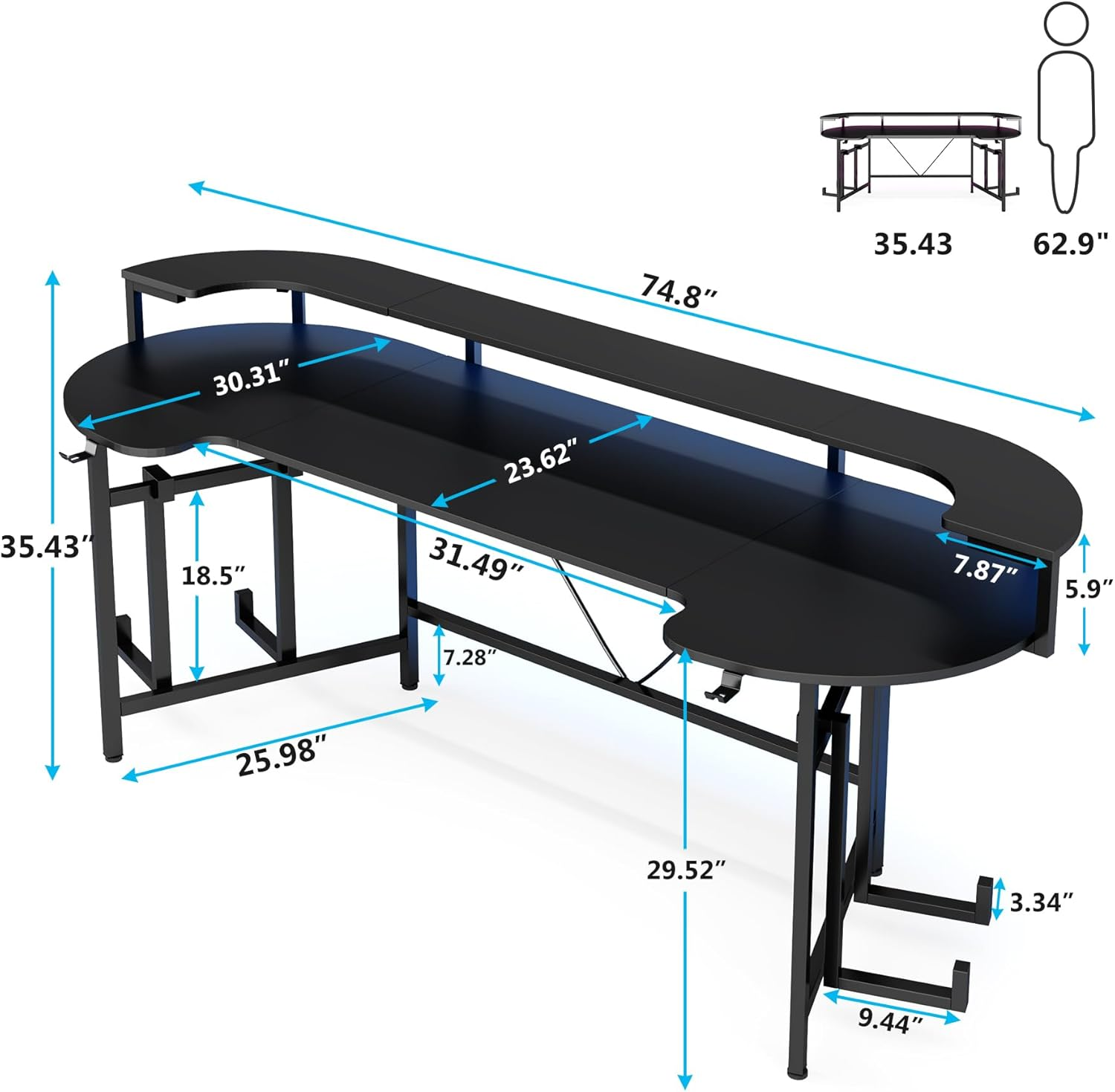 Tribesigns 190 Cm Gaming Desk with Shelf, Large RGB Gaming Table, Computer Gaming Table, Carbon Fiber Gamer Desk for Bedroom, Home Office, Black image number 3