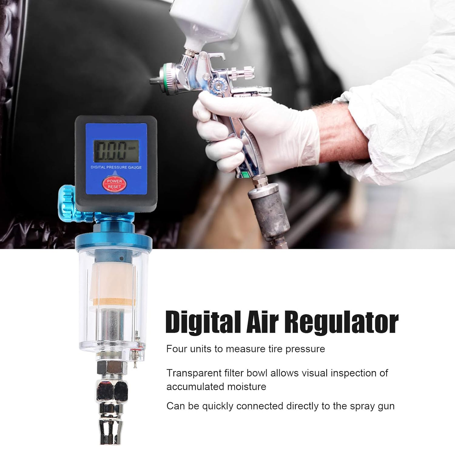 Digital Airflow Regulator for Air Compressor, 140PSI Inline 1/4 Air Pressure Regulator with Adjustable Valve & Oil Water Filter for Spray, Tire image number 5
