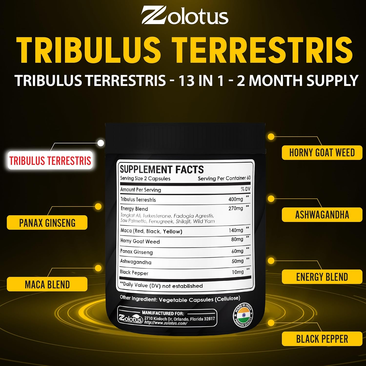 Zolotus 13In1 Tribulus Terrestris Capsules with Maca, Horny Goat Weed, Panax Ginseng, Saw Palmetto, Tongkat Ali, Shilajit & More - 120 Counts image number 1