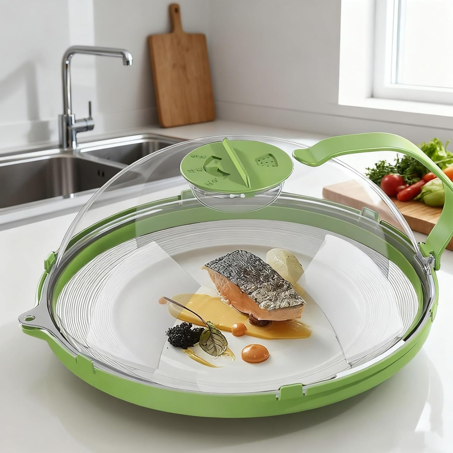 Microwave Splash-Proof Lid, Transparent with Handle and Tray, Adjustable Steam Hole Microwave Food Cover, 10.2X3.9 Inch Kitchen Magnetic Lid