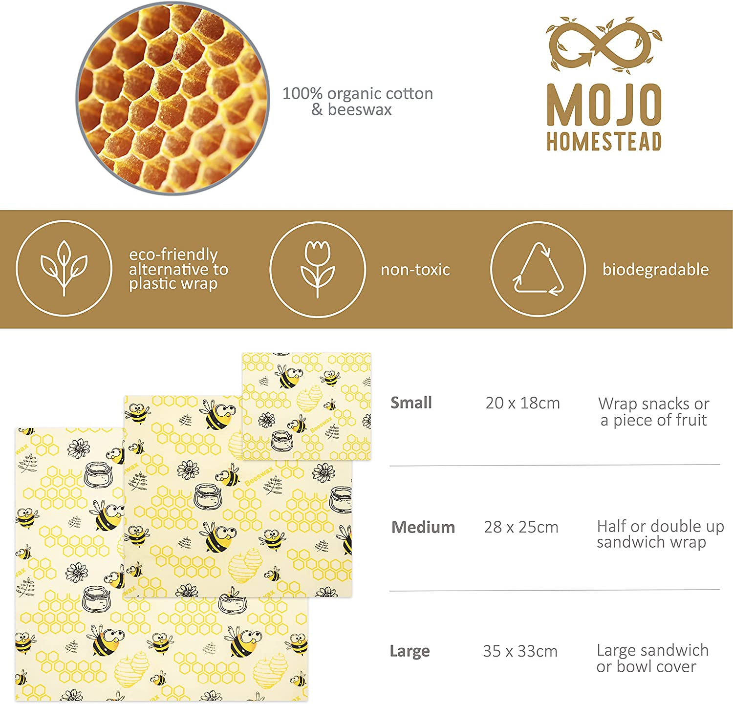 Beekeeper and Australian Farmer Approved Organic Reusable 3 Pack Beeswax Food Wraps by Mojo Homestead - Eco-Friendly, Zero-Waste, Biodegradable, Easy Clean, Keeps Food Fresh, No Plastics, FDA Approved image number 5