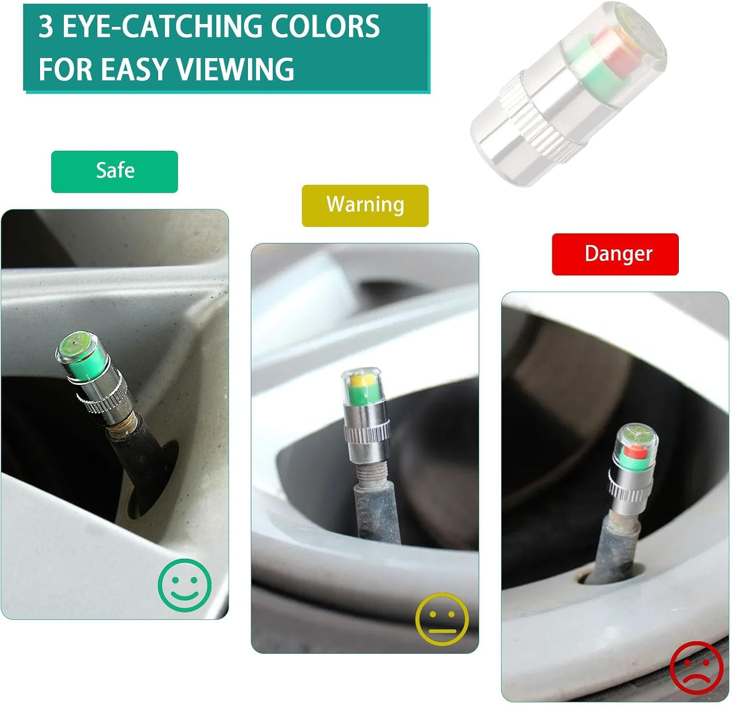 4 PCS Tire Pressure Monitor Valve Stem Caps, 2.4 Bar 36 PSI Car Tire Pressure Monitor Sensor Indicator with 3-Color Eye Alert, Universal Valve Stem Caps for Cars, Suvs, Trucks (Silver) - Silver image number 6