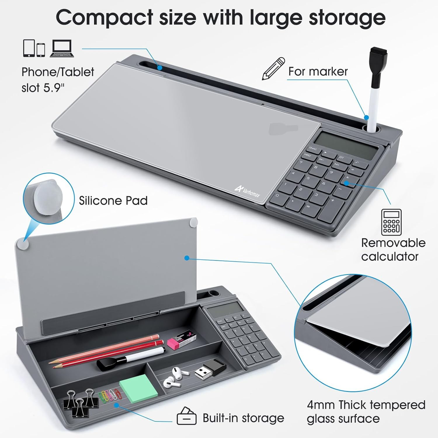 Varhomax Glass Desk Whiteboard Gray with Calculator, Desktop Organizer Dry Erase White Board with Storage, to Do List Memo Notepad for Home Office and School Supplies image number 6