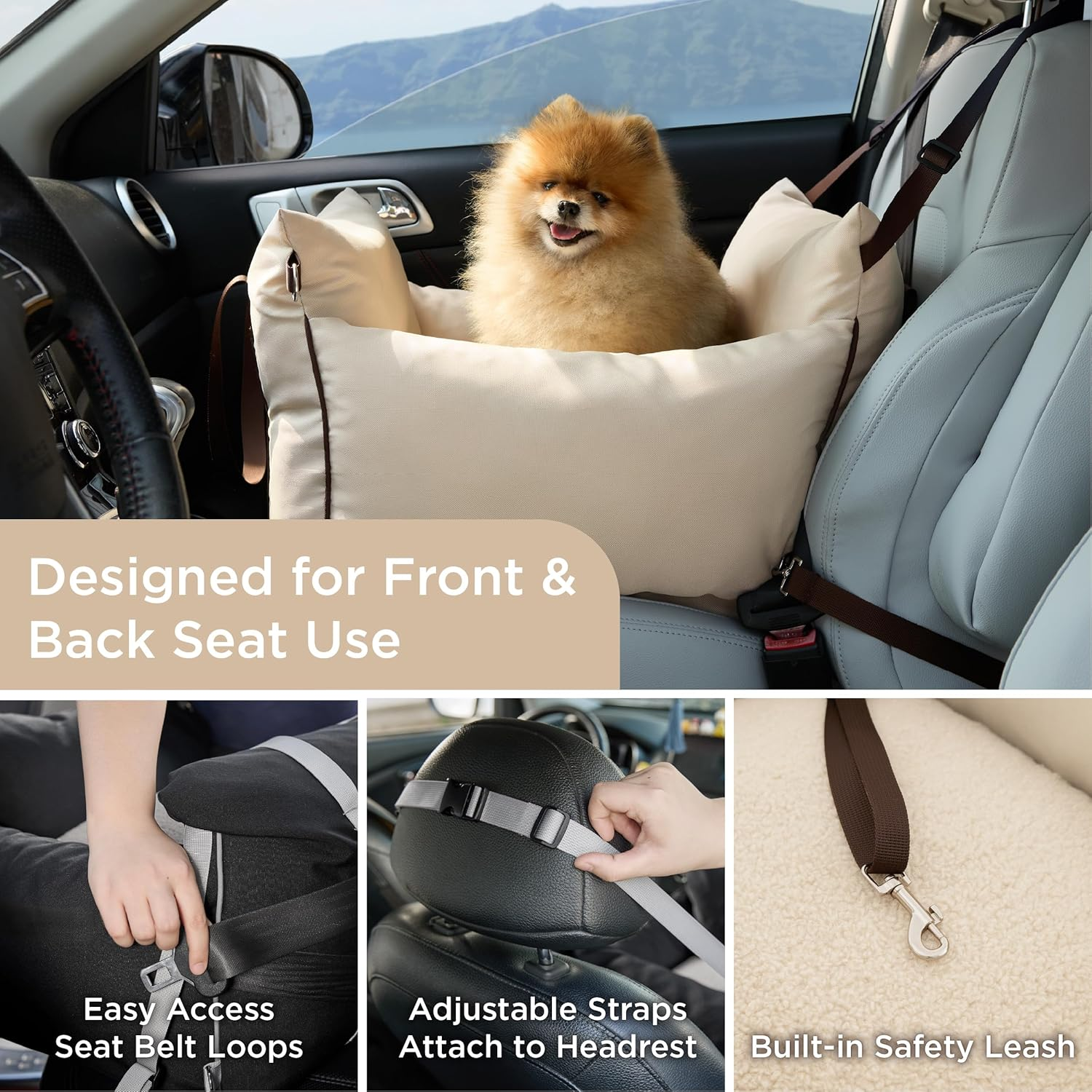 Lesure Dog Car Seat for Medium Dog - Waterproof Dog Booster Seat for Car with Storage Pockets, Clip-On Safety Leash and Memory Foam Filling, Small Pets Travel Carrier Bed, 58X56X33Cm, Beige image number 5