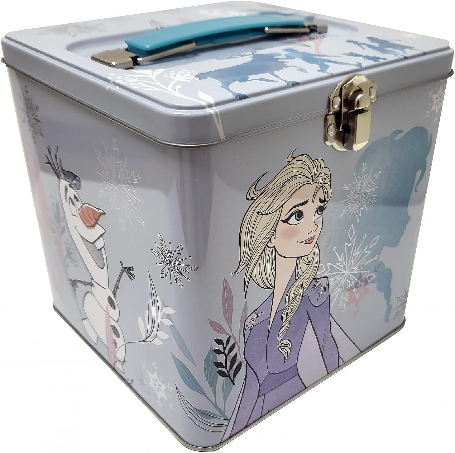 The Tin Box Company Disney Frozen Stack Store and Carry Tin. Stackable Tin Box with Handle,Blue and White image number 2