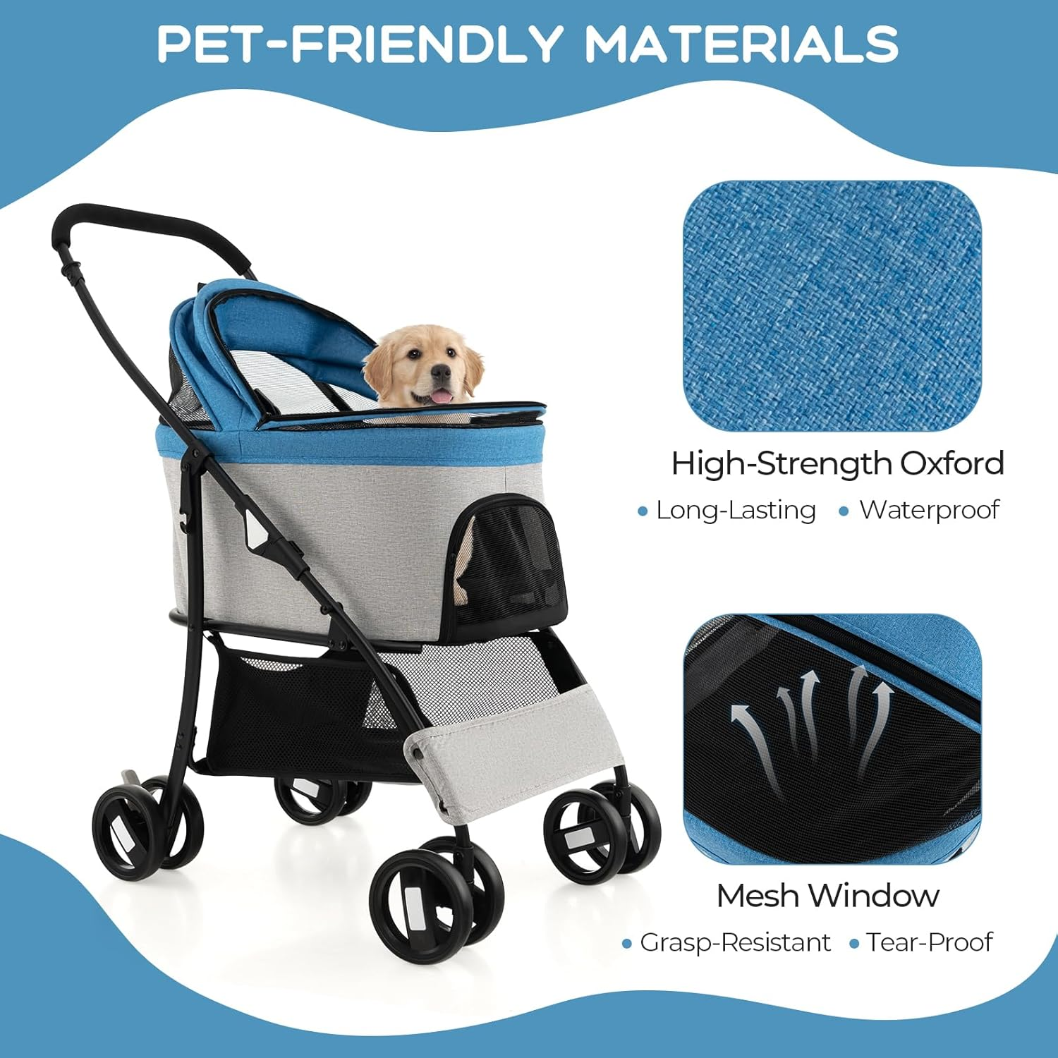Costway 3-In-1 Pet Stroller with Removable Car Seat Carrier, Foldable Dog Cat Stroller with 4-Level Adjustable Canopy & Storage Basket, 4 Wheel Travel Strolling Cart for Small & Medium Sized Dogs (Ori Blue) image number 6