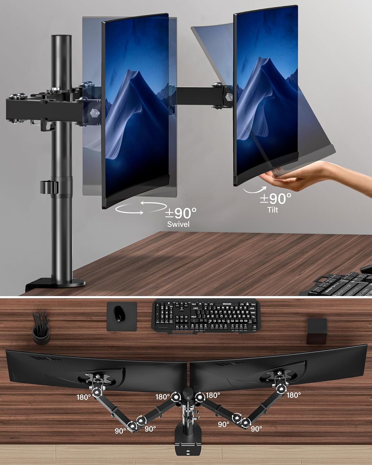 HEYMIX Dual Monitor Stand, VESA Monitor Arm, Double Monitor Mount Height Adjustable for 2 LCD 17-32" Gaming Screens, Dual VESA Arm Mount 75Mm/100Mm, C-Clamp & Grommet 2-Way Assembling image number 2