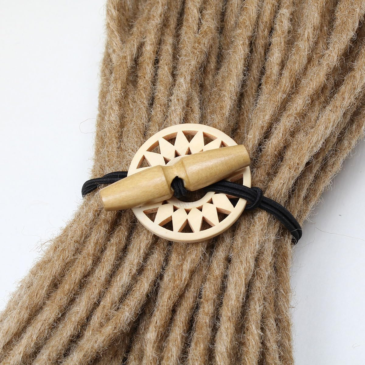 Kraler 3 Pcs Dreadlock Hair Ties for Thick Hair, Elastic Loc Bands with Hand-Carved Wooden Toggle, Boho Style Hair Accessories（White Brown Black） image number 4