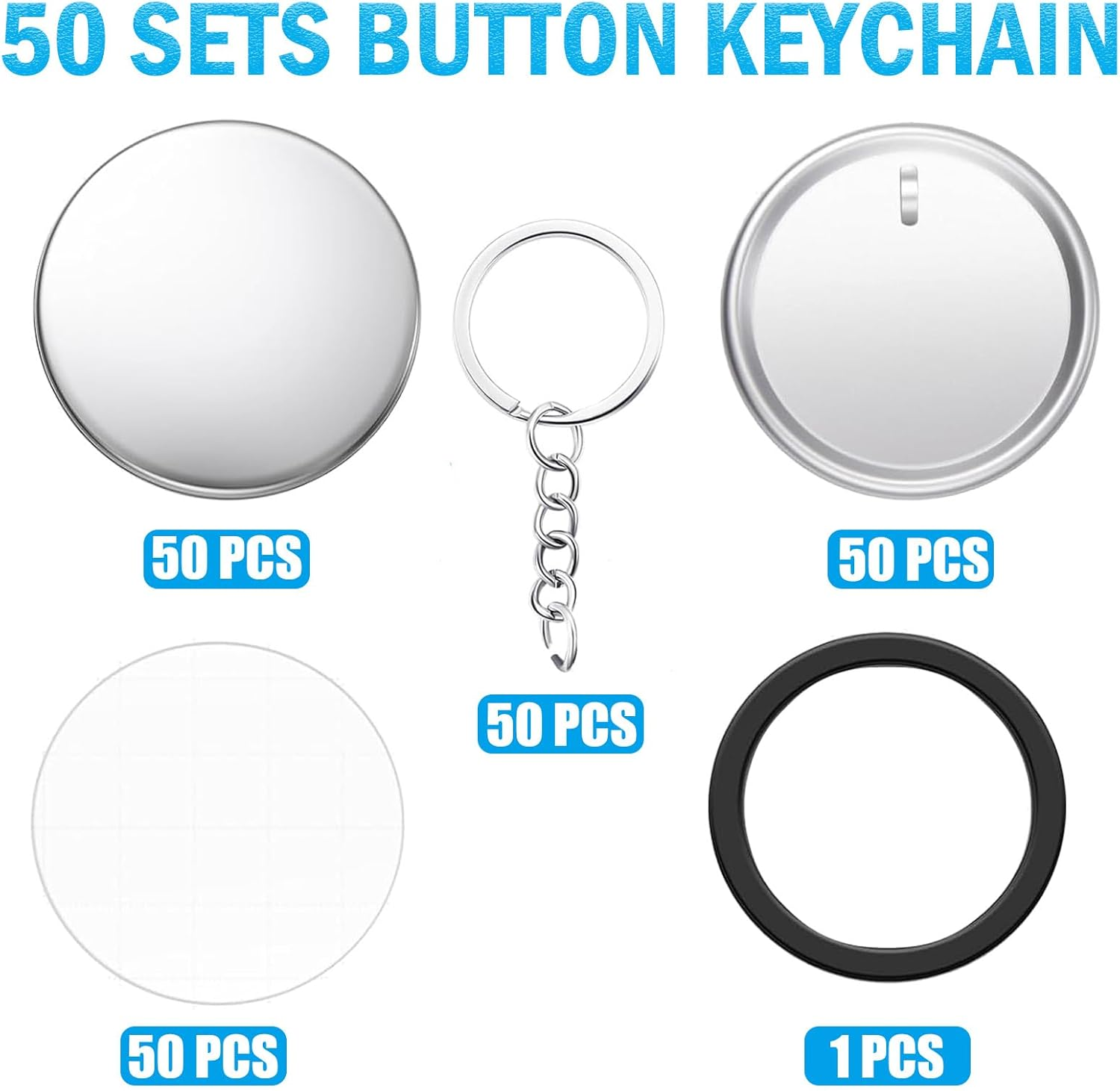 Button Maker Keychain Supplies - 150 Sets 58Mm/2.25 Inch Pin Making Kit for Machine, Metal Badge Sets with Shell Back Cover, Transparent Film and Chain Head