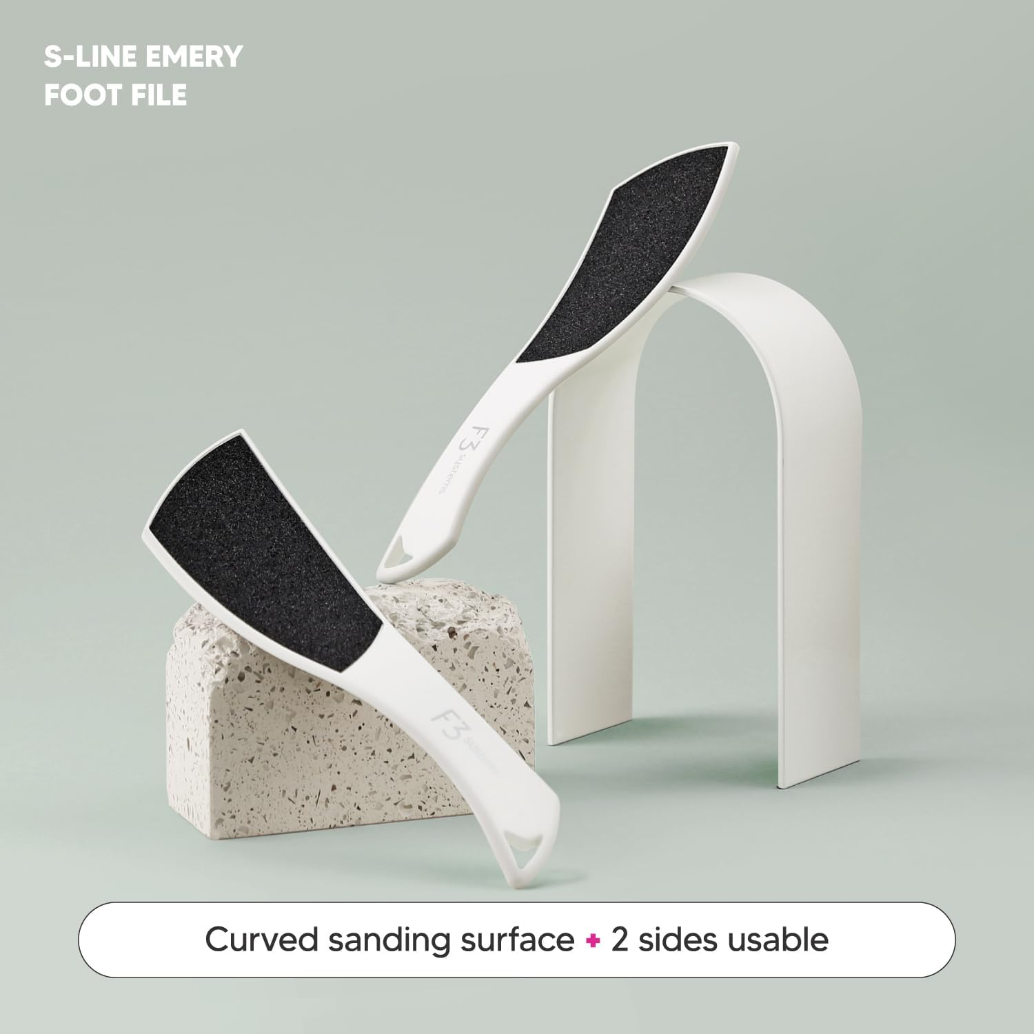 F3 Systems S-Line Emery Foot File, Colossal Double-Sided Pedicure Tool, Effective for Cracked Heel, Ergonomic Design for Easy Grip (White) image number 2