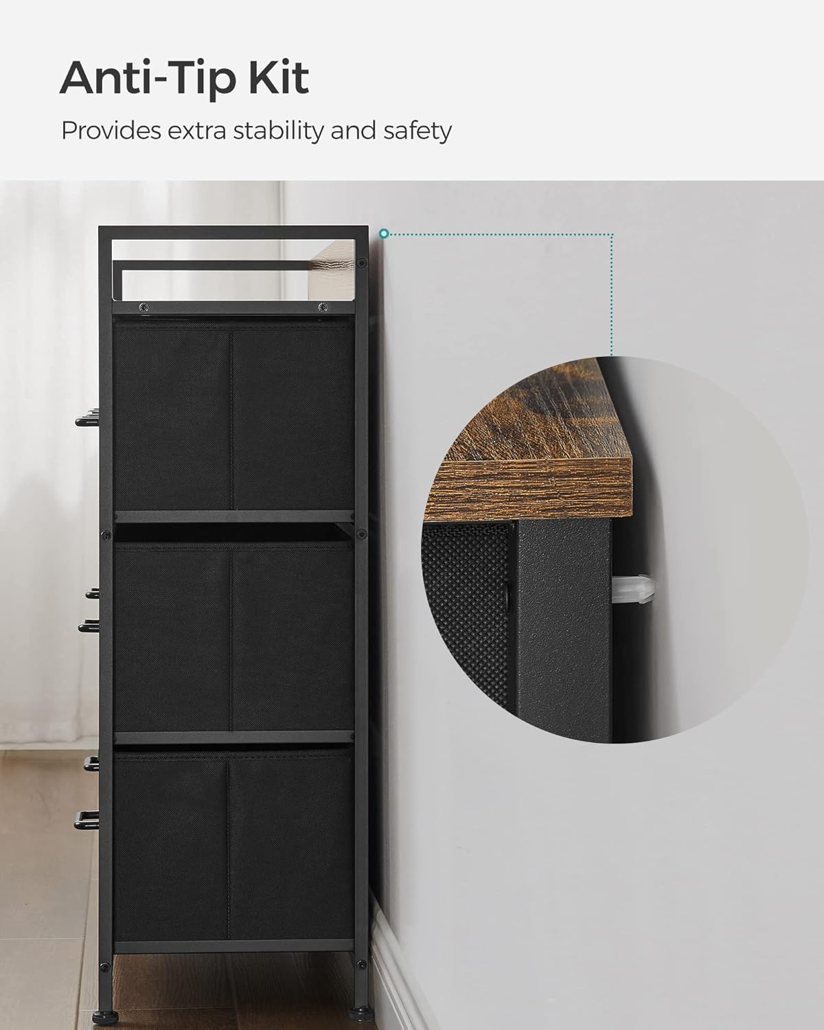 SONGMICS Dresser for Bedroom, Chest of Drawers, Clothes Organizer Storage Unit, 7 Fabric Drawers with Handles, Metal Frame, Rustic Brown and Ink Black ULTS137B01 image number 4