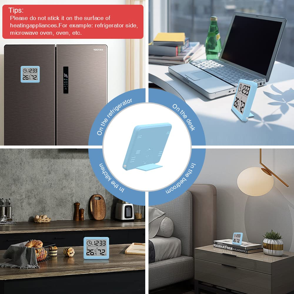 [2 Pack] 3.2 Inch Digital Indoor Hygrometer Thermometer, Room Thermometer Humidity Gauge with Time Clock, High Accuracy Temperature Humidity Monitor with Magnet for Home Office Greenhouse, Blue image number 4